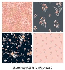 Contemporary spring floral pattern with natural flowers on suburban lawn for digital texture and dress in millefleur style ,ornate vector template
