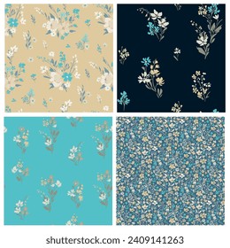 Contemporary spring floral pattern with natural flowers on suburban lawn for digital texture and dress in millefleur style ,ornate vector template
