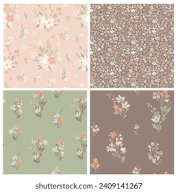 Contemporary spring floral pattern with natural flowers on suburban lawn for digital texture and dress in millefleur style ,ornate vector template
