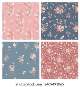 Contemporary spring floral pattern with natural flowers on suburban lawn for digital texture and dress in millefleur style ,ornate vector template
