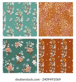 Patrón floral primaveral contemporáneo con flores naturales en el césped suburbano para textura digital y vestimenta en estilo millefleur ,plantilla vectorial ornamental
