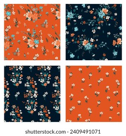Contemporary spring floral pattern with natural flowers on suburban lawn for digital texture and dress in millefleur style ,ornate vector template
