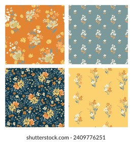 Contemporary spring floral pattern with natural flowers on suburban lawn for digital texture and dress in millefleur style ,ornate vector template
