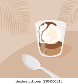 Contemporary square card with affogato coffee dessert with ice cream and spoon on table in cafe. Trendy minimalist poster with dessert. Menu template. Vector flat style illustration.