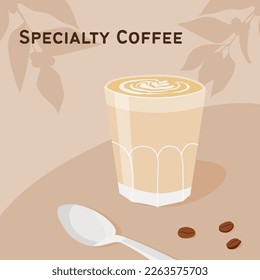 Contemporary square card template with latte glass, coffee beans and spoon on table in cafe. Coffee shop scene with milk coffee. Trendy minimalist poster. Vector flat style illustration.