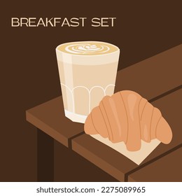 Contemporary square card template with latte cup and croissant on table at cafe. Coffee shop scene with milk coffee. Trendy minimalist poster for french breakfast promo. Vector flat style illustration