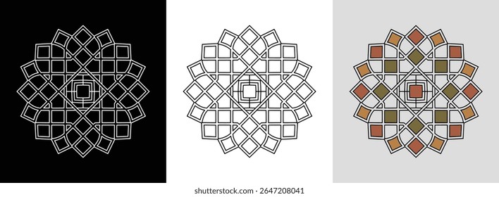 Mandala quadrada contemporânea com simetria geométrica em negrito e arte moderna em linha para uma decoração elegante.