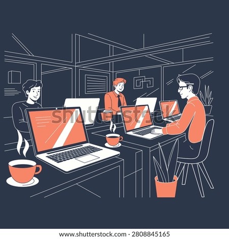 Contemporary startup office environment with multiple laptops, coffee cups, and collaborative workstations. Represents teamwork, productivity, coworking culture, innovation, technology businesses, and modern entrepreneurial workplaces.