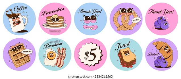 Contemporary sticker set with funky retro food characters. Can be used for food packaging and delivery. Branding mascots for cafe, restaurant, bar. Fresh pastries, breakfast and lunch menu.