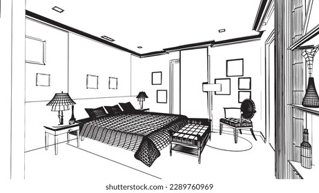 contemporary style bedroom drawings 3d rendering