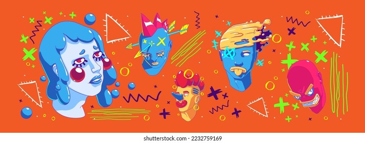 Contemporary style pattern with abstract portraits and doodle design elements on bright orange background. Vector illustration of weird human faces, colorful triangles, crosses and bubbles. Modern art