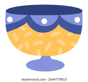 Contemporary and stylish, footed bowl design with a vibrant yellow body adorned with an abstract pattern and accented by blue rim and base, creating a visually appealing piece of tableware