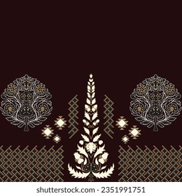 A contemporary stylized design on a warm brown background, border