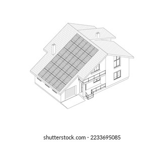 Contemporary  suburban house  with roof solar panels. Isolated 3D vector.