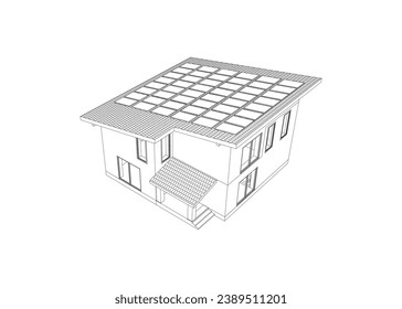 Contemporary  suburban house  with roof solar panels. Isolated 3D vector. Blueprint.