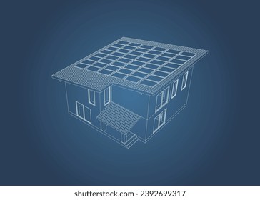 Contemporary  suburban house  with roof solar panels. Isolated 3D vector. Blueprint.