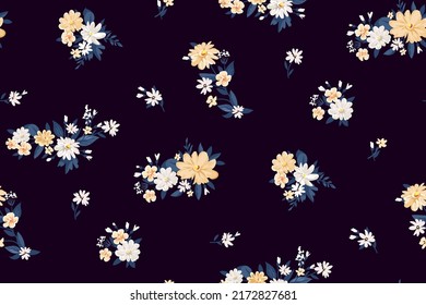 Contemporary summer floral pattern with small meadow flowers on woodland for digital wallpaper and fabric in ditsy style ,ornate vector template