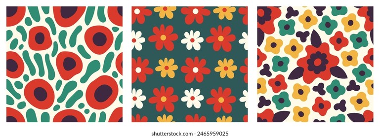 Contemporary Summer Floral Seamless Patterns Set. Modern colorful backgrounds with minimalistic hand drawn flowers and leaves. Bright minimal textures collection. Vector illustration
