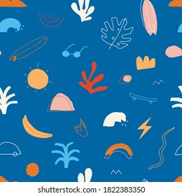 Contemporary summer seamless pattern with abstract shapes, floral and freehand draw elements. Skate and surf funky print.