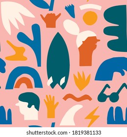 Contemporary summer seamless pattern in vector with abstract shapes of people on the beach motive. Skate and surf funky print in vector.