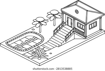 Contemporary swimming pool cad master plan with house and landscaped garden landscaping