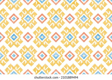 Contemporary take on the classic kilim patterns, this bright geometric kilim styled design features large scale hand painted watercolor elements in gold, blue, and terracotta