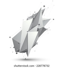 Contemporary techno black and white stylish construction, abstract dimensional figure with connected lines.