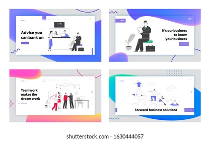 Contemporary Technologies in Banking System and Business Website Landing Page Set. Customer or Business Man Waiting at Electronic Queue Web Page Banner. Cartoon Flat Vector Illustration, Line Art