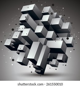 Contemporary technology black and white stylish architectural construction, abstract 3d figure with connected lines and dots.