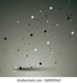 Contemporary technology black and white stylish vector futuristic construction, abstract 3d figure with connected lines and dots.