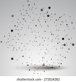 Contemporary technology black and white stylish futuristic construction, abstract 3d figure with connected lines and dots.