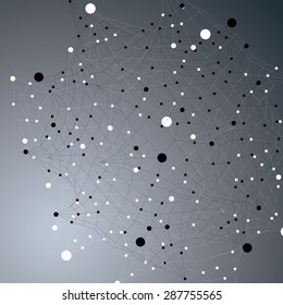 Contemporary technology black and white stylish futuristic construction, abstract 3d figure with connected lines and dots.