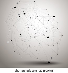 Contemporary technology black and white stylish architectural construction, abstract 3d figure with connected lines and dots.