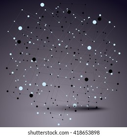 Contemporary technology black and white stylish futuristic construction, vector abstract 3d figure with connected lines and dots.