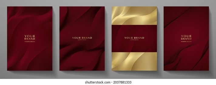 Contemporary technology cover design set. Luxury background with maroon line pattern (guilloche curves). Premium vector tech backdrop for business layout, digital certificate, formal brochure template