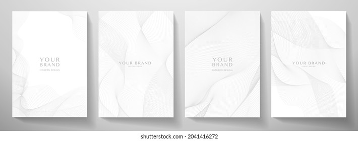 Contemporary technology cover design set. White background with grey line pattern (guilloche curves). Premium vector tech backdrop for formal  business layout, digital certificate, brochure template