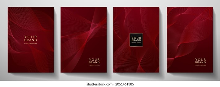 Contemporary technology cover design set. Luxury background with red line pattern (guilloche curves). Premium vector tech backdrop for business layout, digital certificate, formal brochure template
