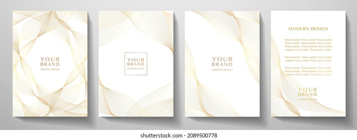 Contemporary technology cover design set. Luxury background with gold line pattern (guilloche curves). Premium vector backdrop for business layout, digital white certificate, formal brochure template