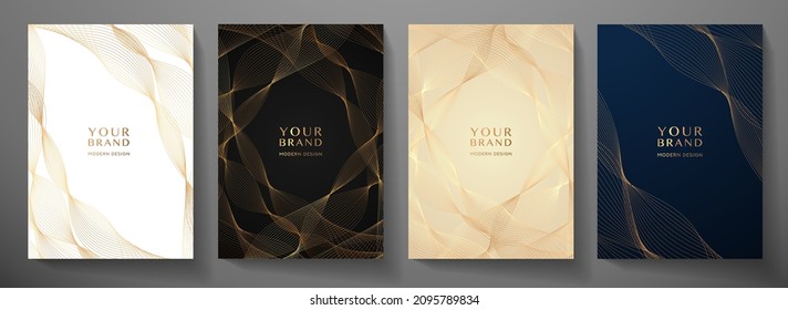 Contemporary technology cover design set. Luxury background with gold line pattern (guilloche curves). Premium vector backdrop for business layout, digital certificate, formal black brochure template