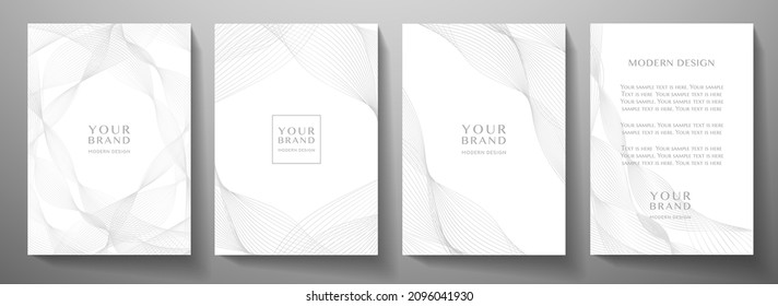 Contemporary technology cover design set. White background with grey line pattern (guilloche curves). Premium vector tech backdrop for formal  business layout, digital certificate, brochure template