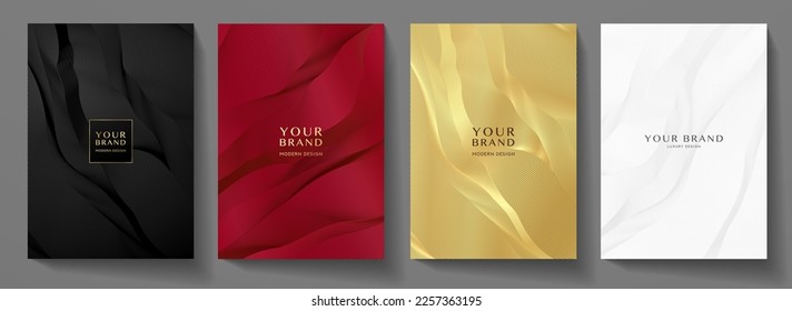 Contemporary technology cover design set. Luxury black background with white, red, gold line pattern (guilloche curves). Premium golden vector tech backdrop for business template, digital certificate स्टॉक वेक्टर