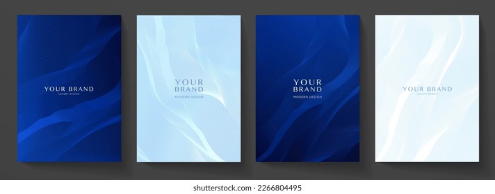 Contemporary technology cover design set. Luxury background with blue line pattern (guilloche curves). Premium golden vector tech backdrop for business template, digital certificate, formal brochure