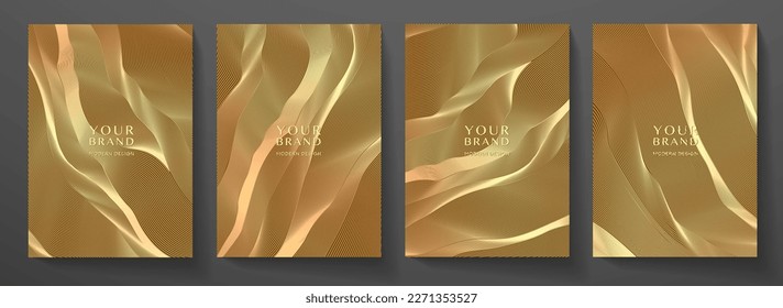 Contemporary technology cover design set. Luxury background with gold line pattern (guilloche curves). Premium golden vector tech backdrop for business template, digital certificate, formal brochure