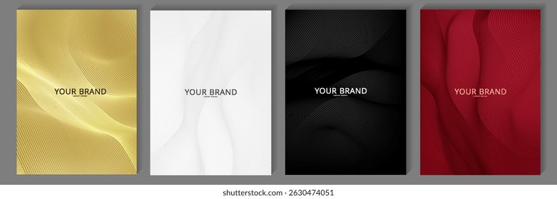 Contemporary technology cover design set. Luxury black background with white, red, gold line pattern (guilloche curves).vector eps10