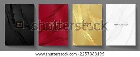 Contemporary technology cover design set. Luxury black background with white, red, gold line pattern (guilloche curves). Premium golden vector tech backdrop for business template, digital certificate Сток-фото © 