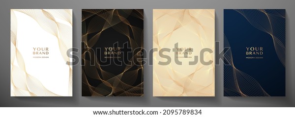 Contemporary technology cover design set. Luxury\
background with gold line pattern (guilloche curves). Premium\
vector backdrop for business layout, digital certificate, formal\
black brochure\
template
