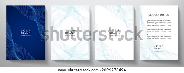 Contemporary technology cover design set. Formal\
background with blue line pattern (guilloche curves). Premium\
vector backdrop for business layout, digital golden certificate,\
formal brochure\
template