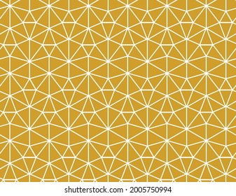 Contemporary tessellated 3d effect repeating hexagon and triangles pattern of white linear shape outlines on a gold background, geometric vector illustration