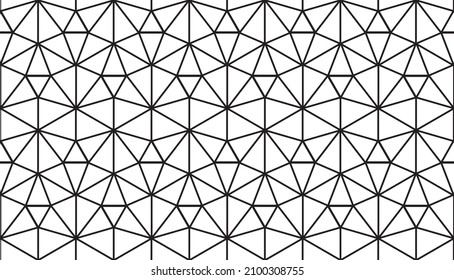 Contemporary tessellated 3d effect repeating hexagon and triangles pattern of black linear shape outlines on a white background, geometric vector illustration