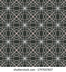 Patrón dodecagón repetitivo contemporáneo de forma lineal rosa y blanca sobre un fondo gris oscuro, ilustración vectorial geométrica